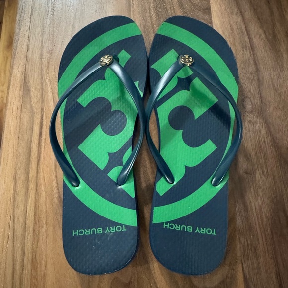 Tory Burch Shoes - Tory Burch Navy & Green Logo Flip Flops